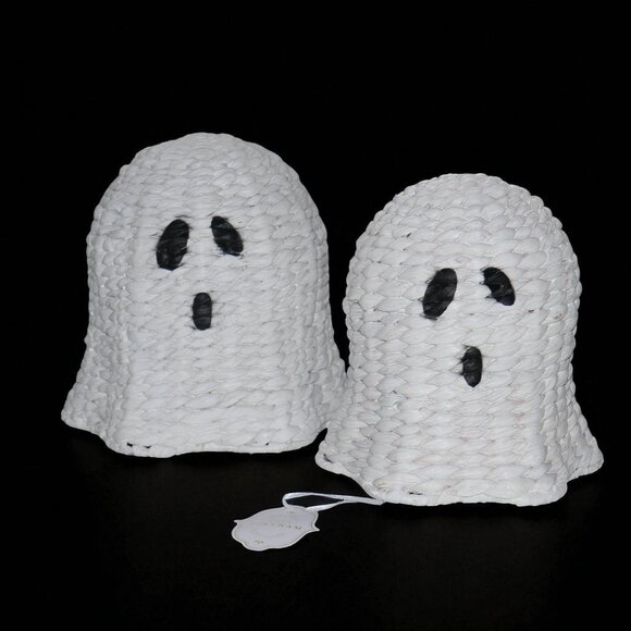 2 White Wicker Nesting Ghosts 11” & 9” Halloween BOO Ghost Set Duo NEW - Picture 2 of 10